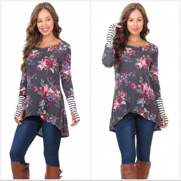 Floral Long Sleeve High-Low Top - Picture 2 of 5